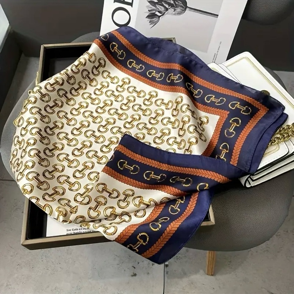 New Chic Gold, Navy, and Cream Geometric Horsebit Edge Decor Square Print Scarf
